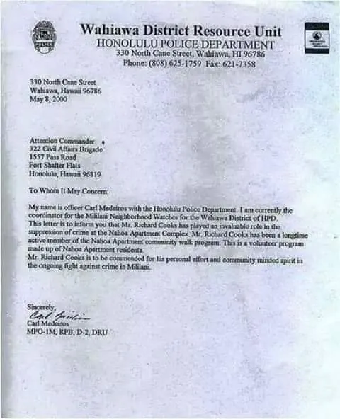 Richard Cooks recognition and service document